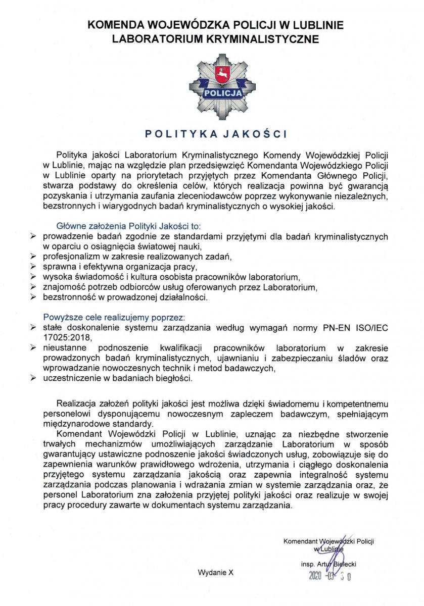 Polityka jakości obowiązująca w Laboratorium Kryminalistycznym Komendy Wojewódzkiej Policji w Lublinie